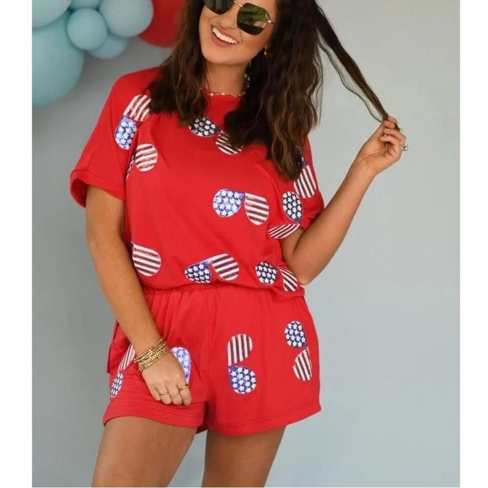 FANTASTIC FAWN Red Patriotic Sunglasses Two Piece Loungewear Set, Medium (A5)